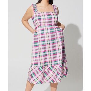 Torrid Midi Pink & Green Poplin Tiered Ruffle Strap Dress